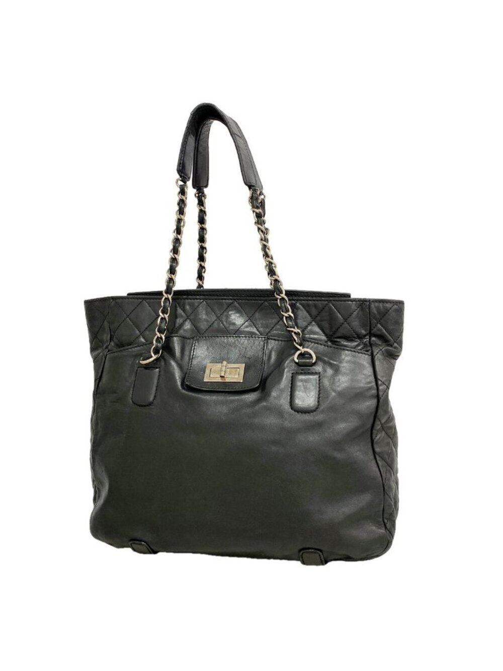 Chanel Chain Tote Bag 2.55 Quilted Lambskin Black Silver